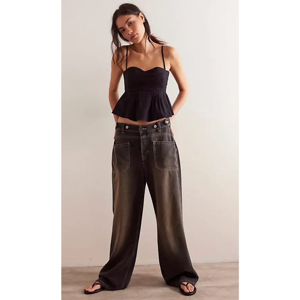 FREE PEOPLE WE THE FREE PALMER CUFFED WIDE LEG CHALKBOARD BLACK WASH JEANS 29